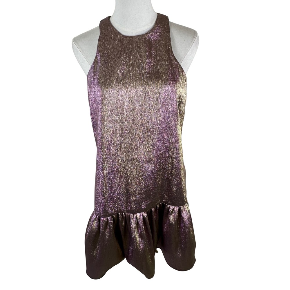 Amanda Uprichard Pink Metallic Drop Waist Mini Dress Womens M Ruffle Shimmer